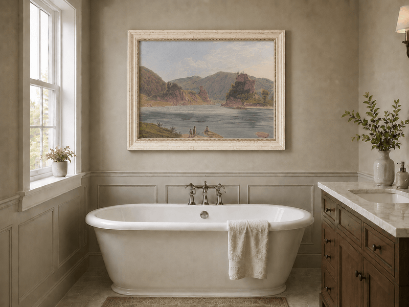 Landscape Oil Painting - Mountain River with Boat and Rocky Hills