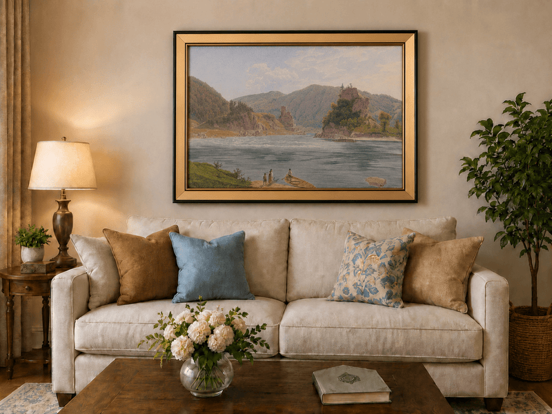 Landscape Oil Painting - Mountain River with Boat and Rocky Hills