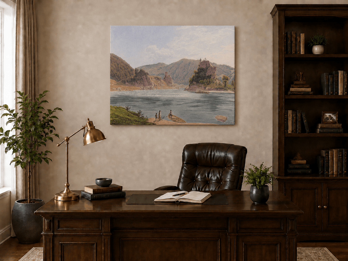 Landscape Oil Painting - Mountain River with Boat and Rocky Hills