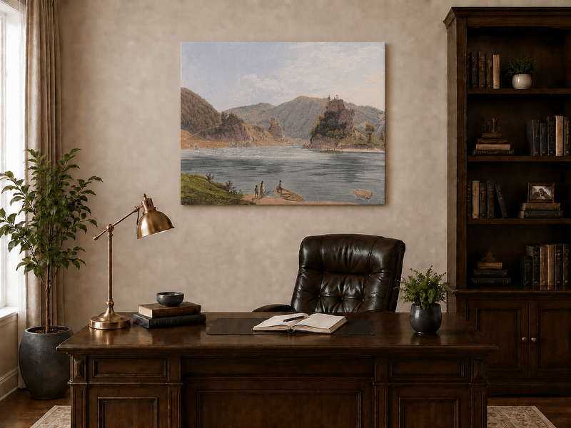 Landscape Oil Painting - Mountain River with Boat and Rocky Hills