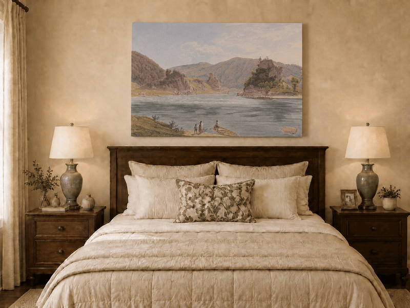 Landscape Oil Painting - Mountain River with Boat and Rocky Hills