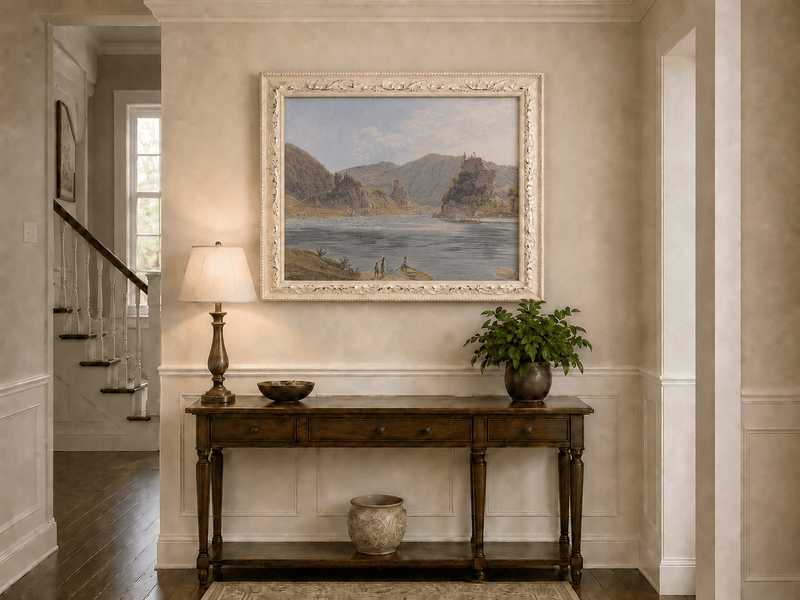 Landscape Oil Painting - Mountain River with Boat and Rocky Hills