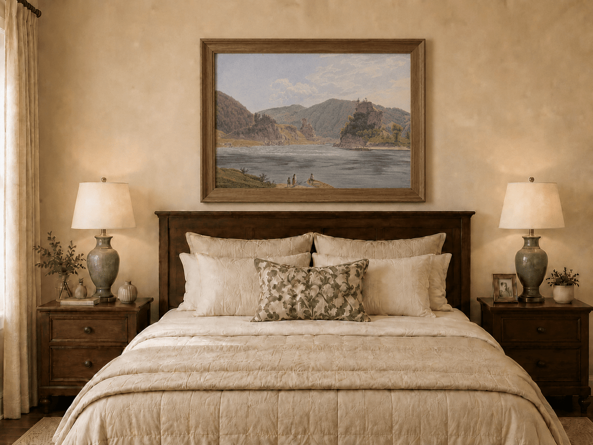 Landscape Oil Painting - Mountain River with Boat and Rocky Hills