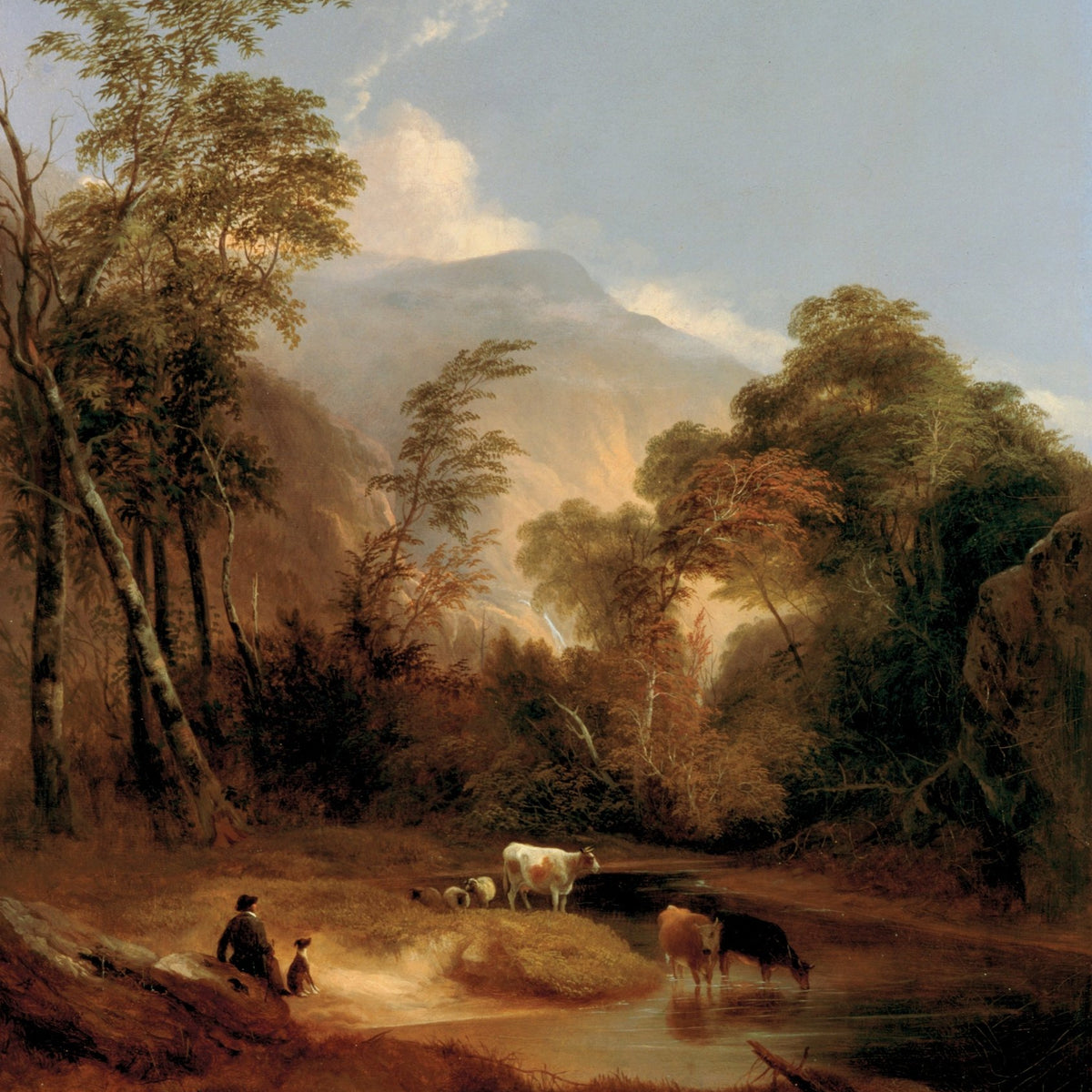 Hand-painted mountain river with cattle at dusk landscape oil painting on canvas
