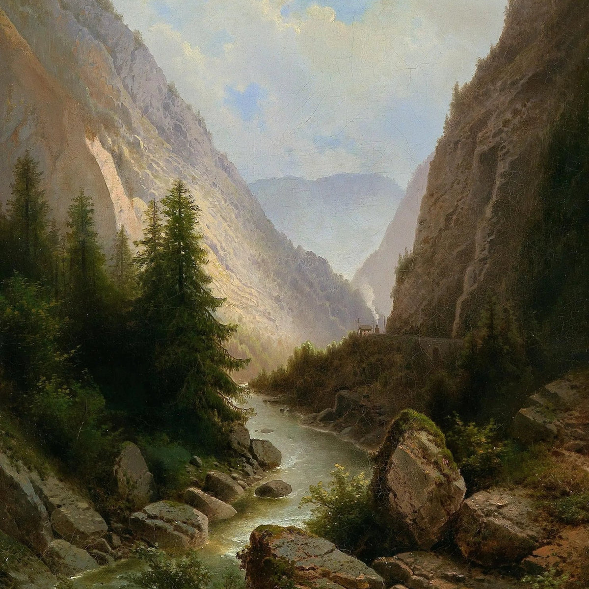 Landscape Oil Painting - Mountain River with Rocks & Trees - Oil Painting Haven