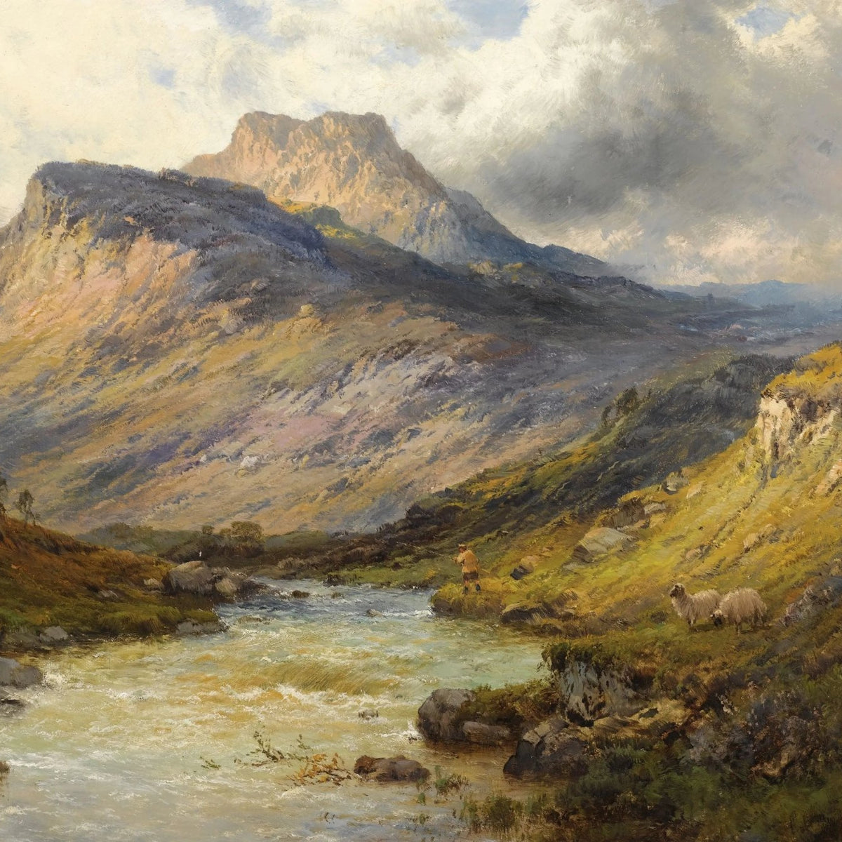 Landscape Oil Painting - Mountain River with Sheep & Figure - Oil Painting Haven