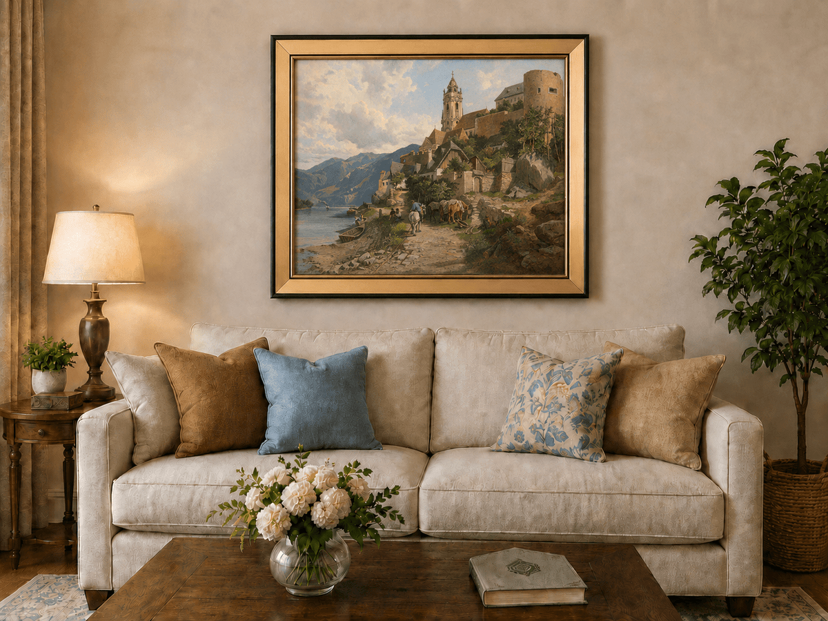 Landscape Oil Painting - Mountain Riverside Village