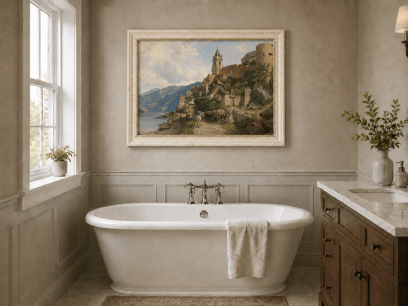 Landscape Oil Painting - Mountain Riverside Village