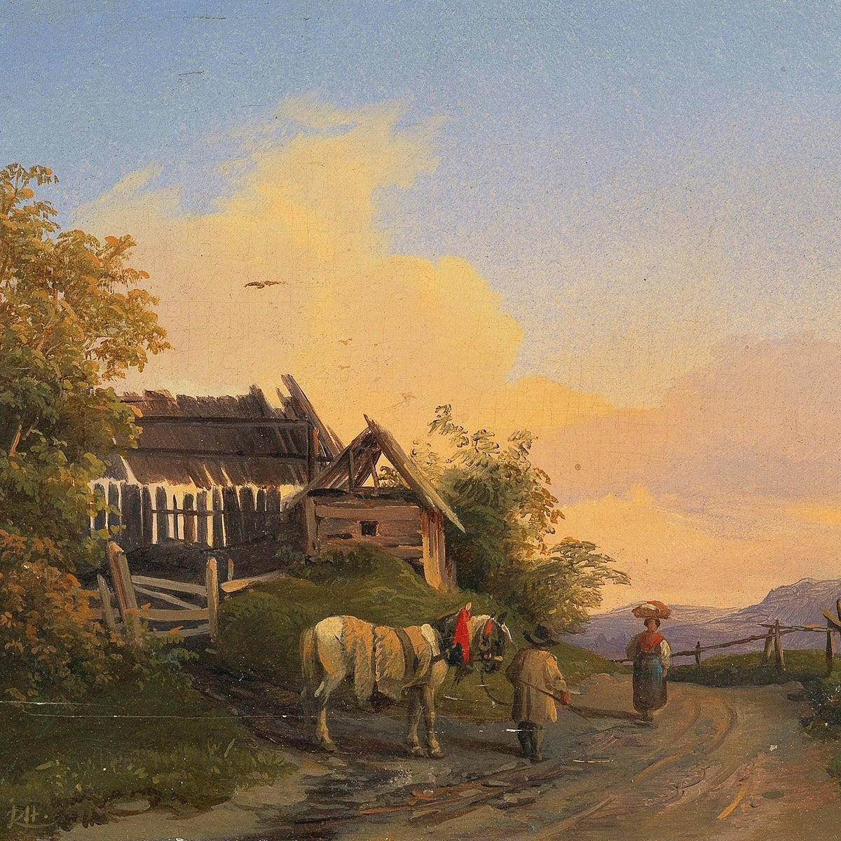 Hand-painted mountain road, horse and sunset sky landscape oil painting on canvas