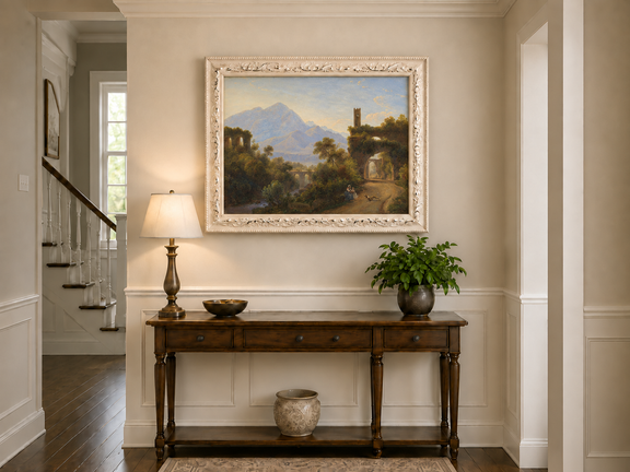 Hand-painted Mountain Ruins and Sunlit Valley Road landscape oil painting displayed as wall art in a styled interior