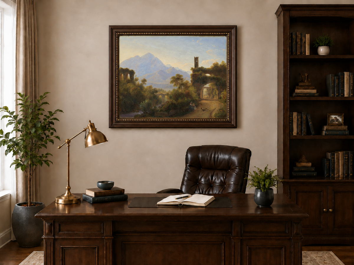 Hand-painted Mountain Ruins and Sunlit Valley Road landscape oil painting displayed as wall art in a styled interior