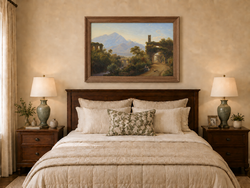 Hand-painted Mountain Ruins and Sunlit Valley Road landscape oil painting displayed as wall art in a styled interior