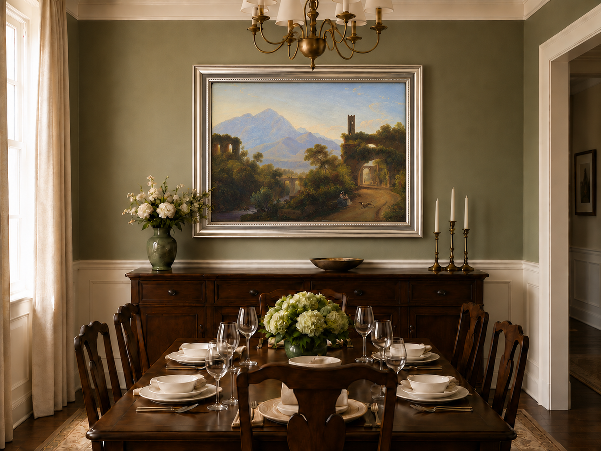 Hand-painted Mountain Ruins and Sunlit Valley Road landscape oil painting displayed as wall art in a styled interior
