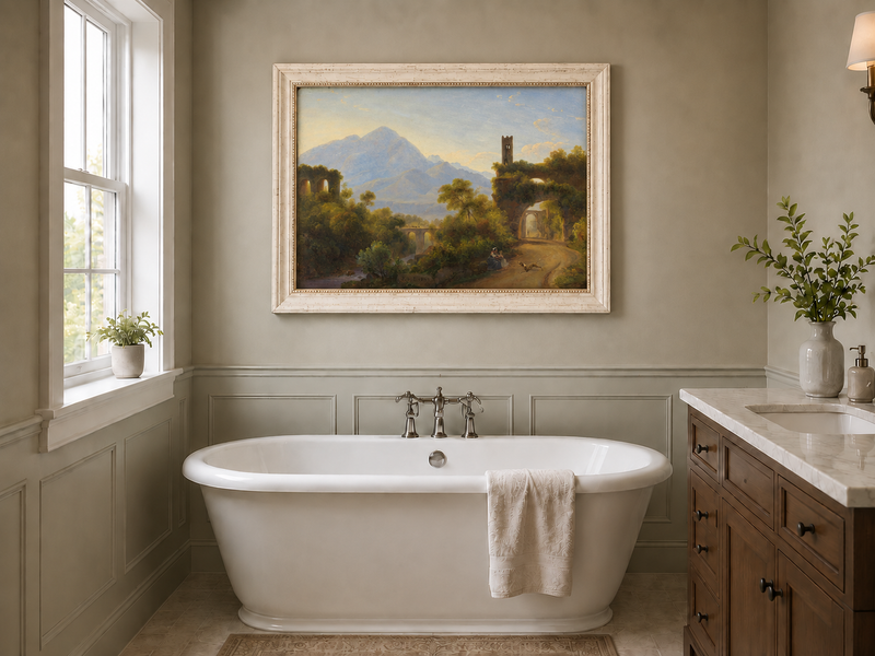 Hand-painted Mountain Ruins and Sunlit Valley Road landscape oil painting displayed as wall art in a styled interior
