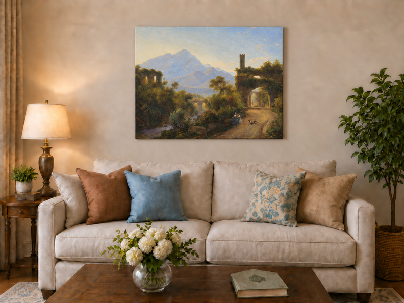 Hand-painted Mountain Ruins and Sunlit Valley Road landscape oil painting displayed as wall art in a styled interior