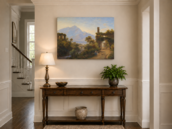 Hand-painted Mountain Ruins and Sunlit Valley Road landscape oil painting displayed as wall art in a styled interior