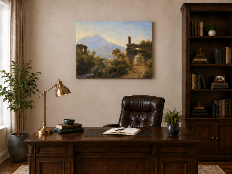 Hand-painted Mountain Ruins and Sunlit Valley Road landscape oil painting displayed as wall art in a styled interior