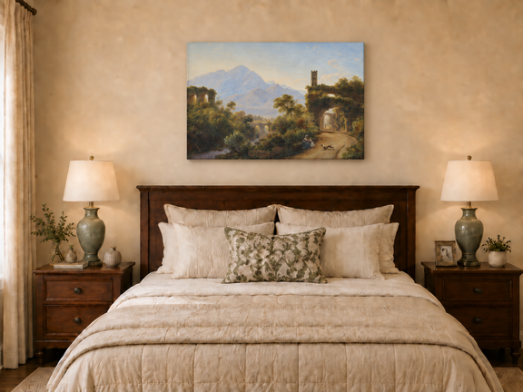 Hand-painted Mountain Ruins and Sunlit Valley Road landscape oil painting displayed as wall art in a styled interior