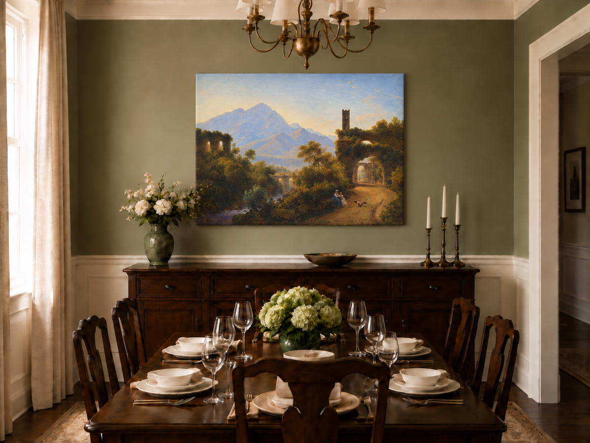 Hand-painted Mountain Ruins and Sunlit Valley Road landscape oil painting displayed as wall art in a styled interior