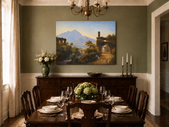 Hand-painted Mountain Ruins and Sunlit Valley Road landscape oil painting displayed as wall art in a styled interior
