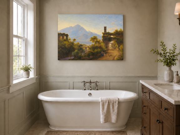 Hand-painted Mountain Ruins and Sunlit Valley Road landscape oil painting displayed as wall art in a styled interior