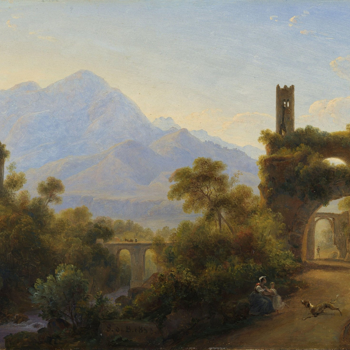 Hand-painted mountain ruins and sunlit valley road landscape oil painting on canvas