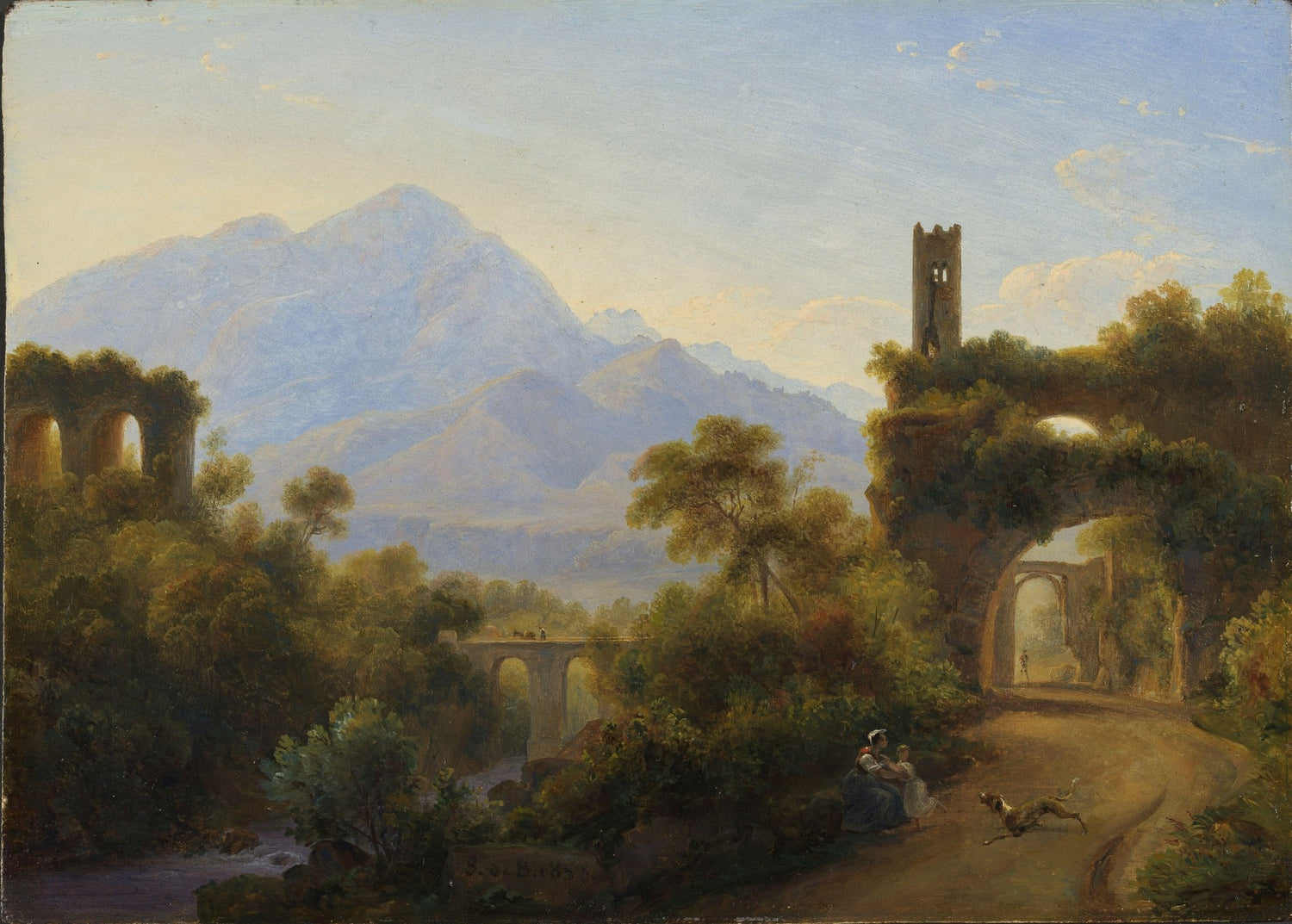 Hand-painted mountain ruins and sunlit valley road landscape oil painting on canvas