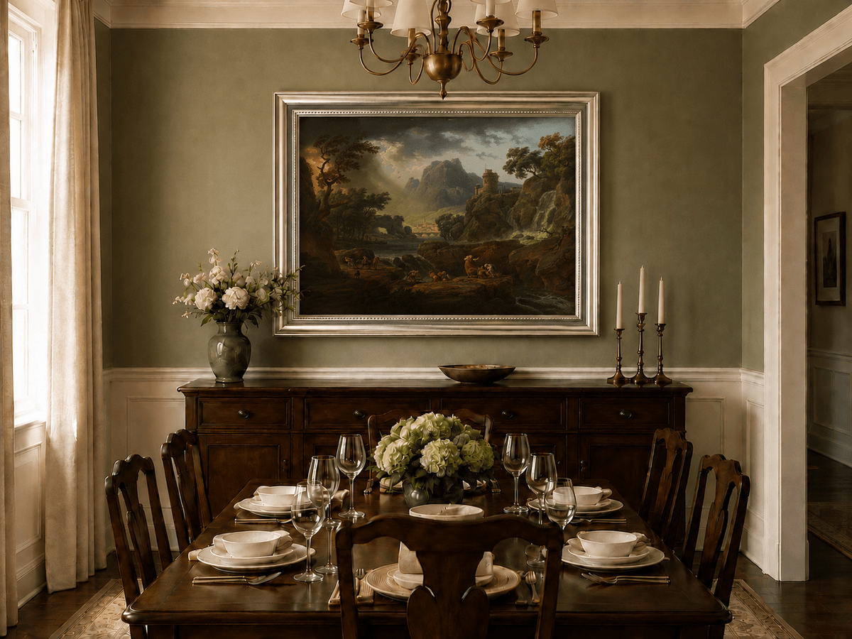 Mountain castle and waterfall oil landscape artwork shown in a styled home interior.