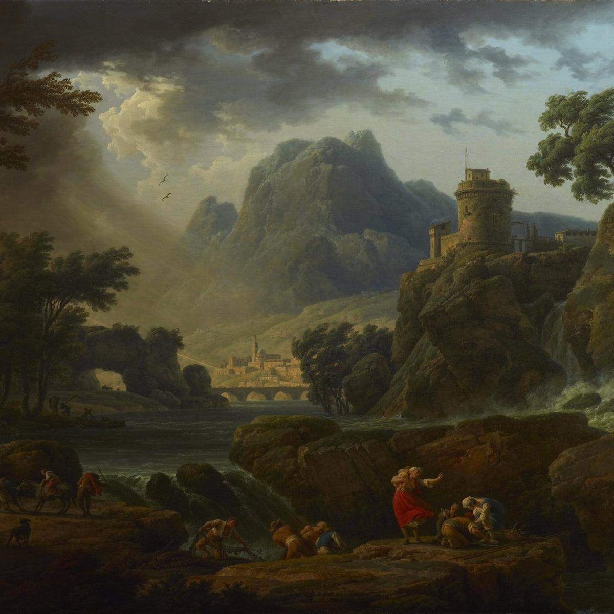 Hand-painted mountain storm, waterfall and castle landscape oil painting on canvas
