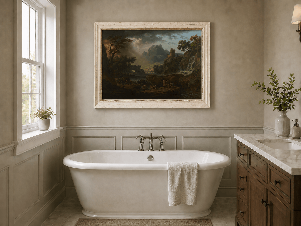 Stormy mountain landscape oil painting presented as interior home decor.