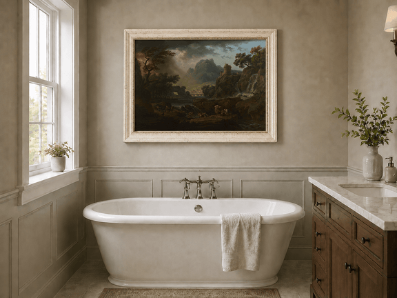 Stormy mountain landscape oil painting presented as interior home decor.