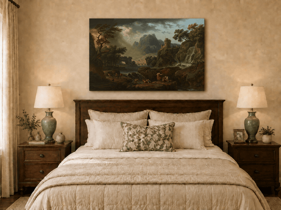 Mountain storm and castle oil painting displayed as landscape wall decor.