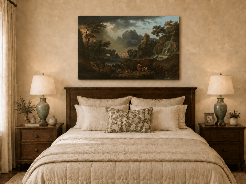Mountain storm and castle oil painting displayed as landscape wall decor.
