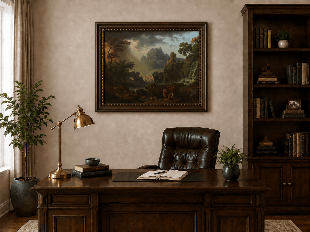 Stormy mountain waterfall and castle landscape oil painting presented in an interior wall art mockup.