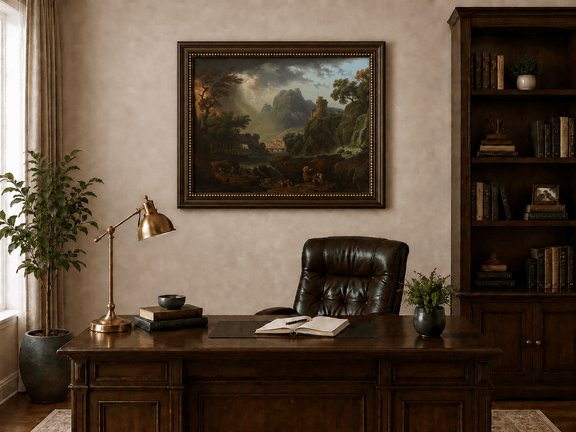 Stormy mountain waterfall and castle landscape oil painting presented in an interior wall art mockup.