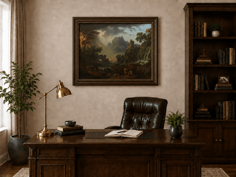 Stormy mountain waterfall and castle landscape oil painting presented in an interior wall art mockup.