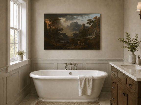 Mountain storm with waterfall and castle landscape oil painting presented as styled home decor.