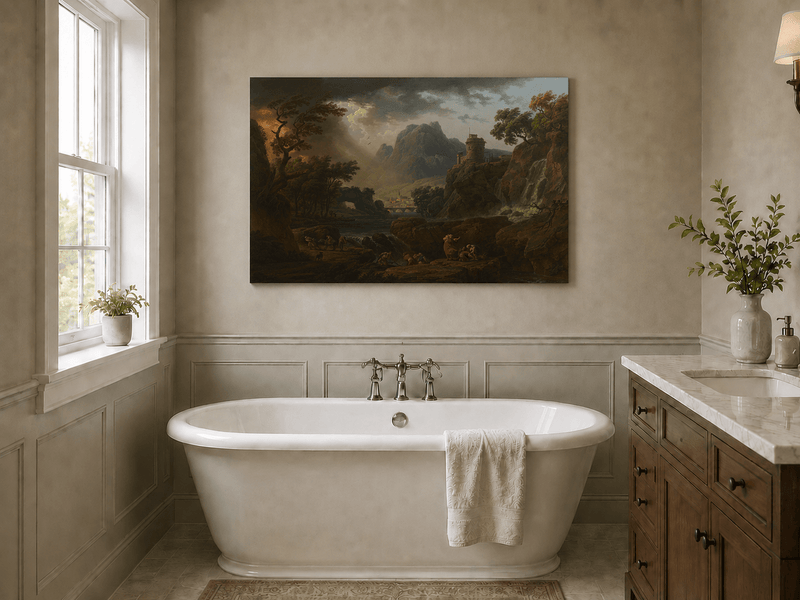 Mountain storm with waterfall and castle landscape oil painting presented as styled home decor.