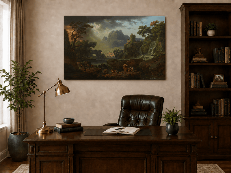 Interior wall art view featuring a mountain storm, waterfall and castle oil painting.