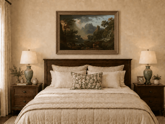 Hand-painted mountain storm with waterfall and castle displayed as decorative wall art.