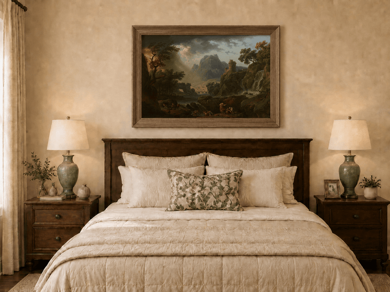 Hand-painted mountain storm with waterfall and castle displayed as decorative wall art.