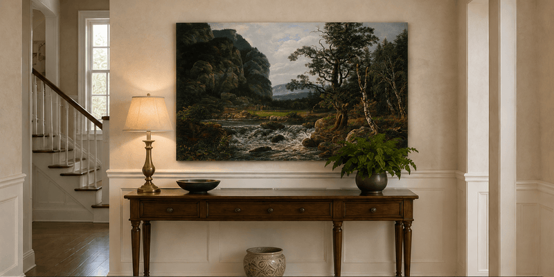 Forest cliff landscape painting shown as decorative oil wall art.
