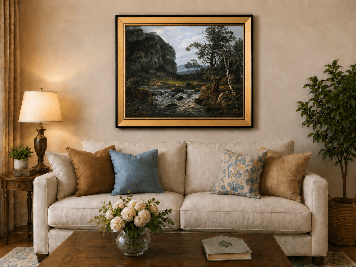 Mountain stream and forest cliffs landscape oil painting displayed in a styled home interior.