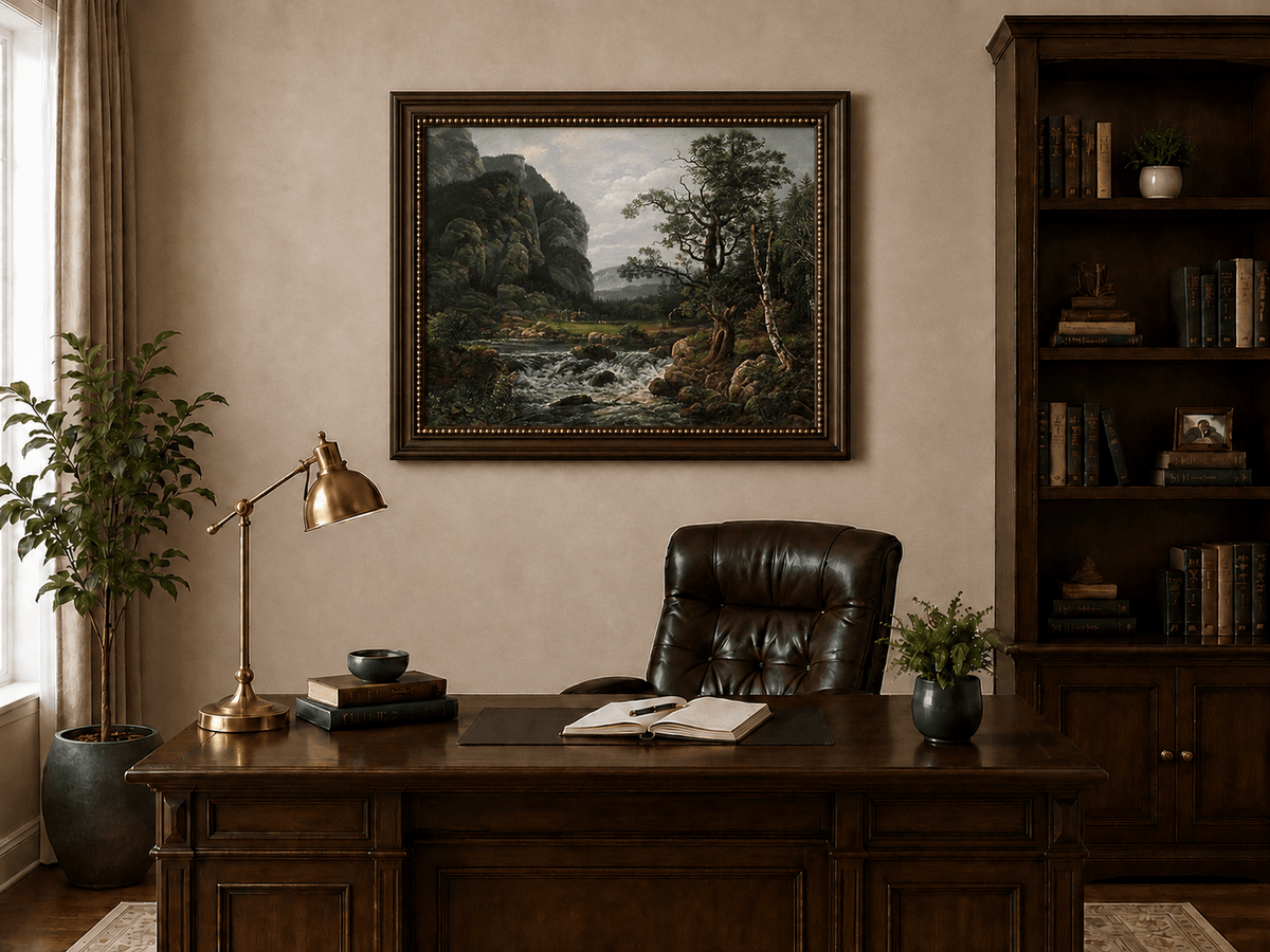 Forest cliffs above a mountain stream landscape oil painting presented in an interior wall art mockup.