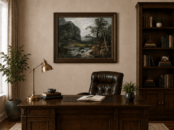 Forest cliffs above a mountain stream landscape oil painting presented in an interior wall art mockup.
