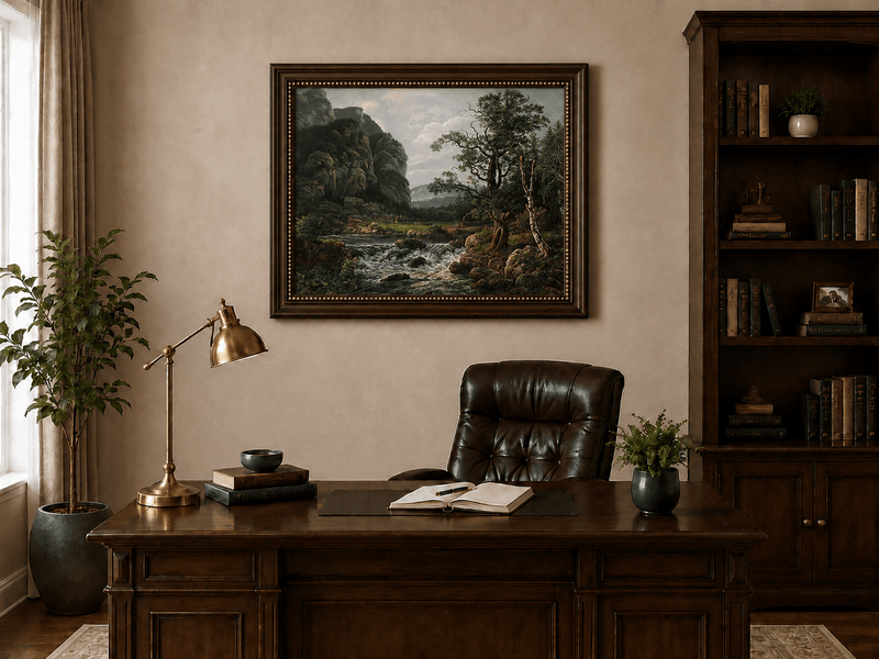 Forest cliffs above a mountain stream landscape oil painting presented in an interior wall art mockup.