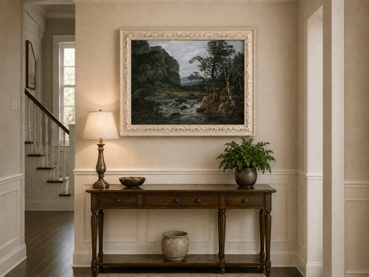 Mountain stream and forest cliffs hand-painted oil artwork shown as home wall decor.