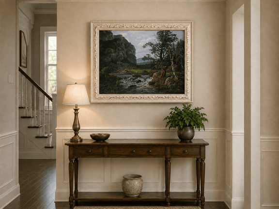 Mountain stream and forest cliffs hand-painted oil artwork shown as home wall decor.
