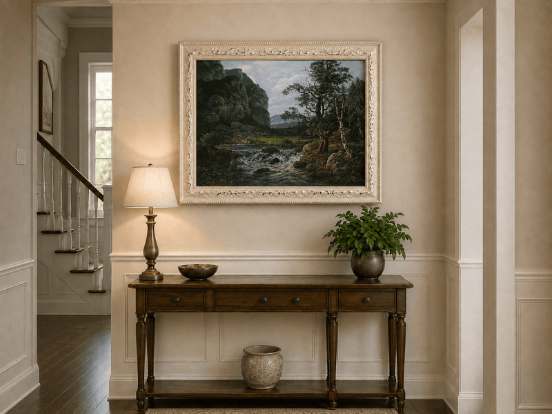 Mountain stream and forest cliffs hand-painted oil artwork shown as home wall decor.