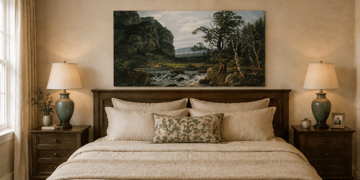 Mountain stream and cliffs oil painting displayed as landscape wall decor.